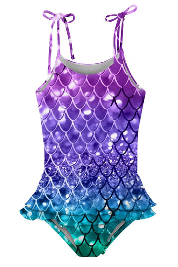 Lovekider Girl One Piece Bathing Suit Ruffle Off Shoulder Swimsuit Purple Mermaid Scales Cute Print Summer Bikini Swimwear 8-9 Y