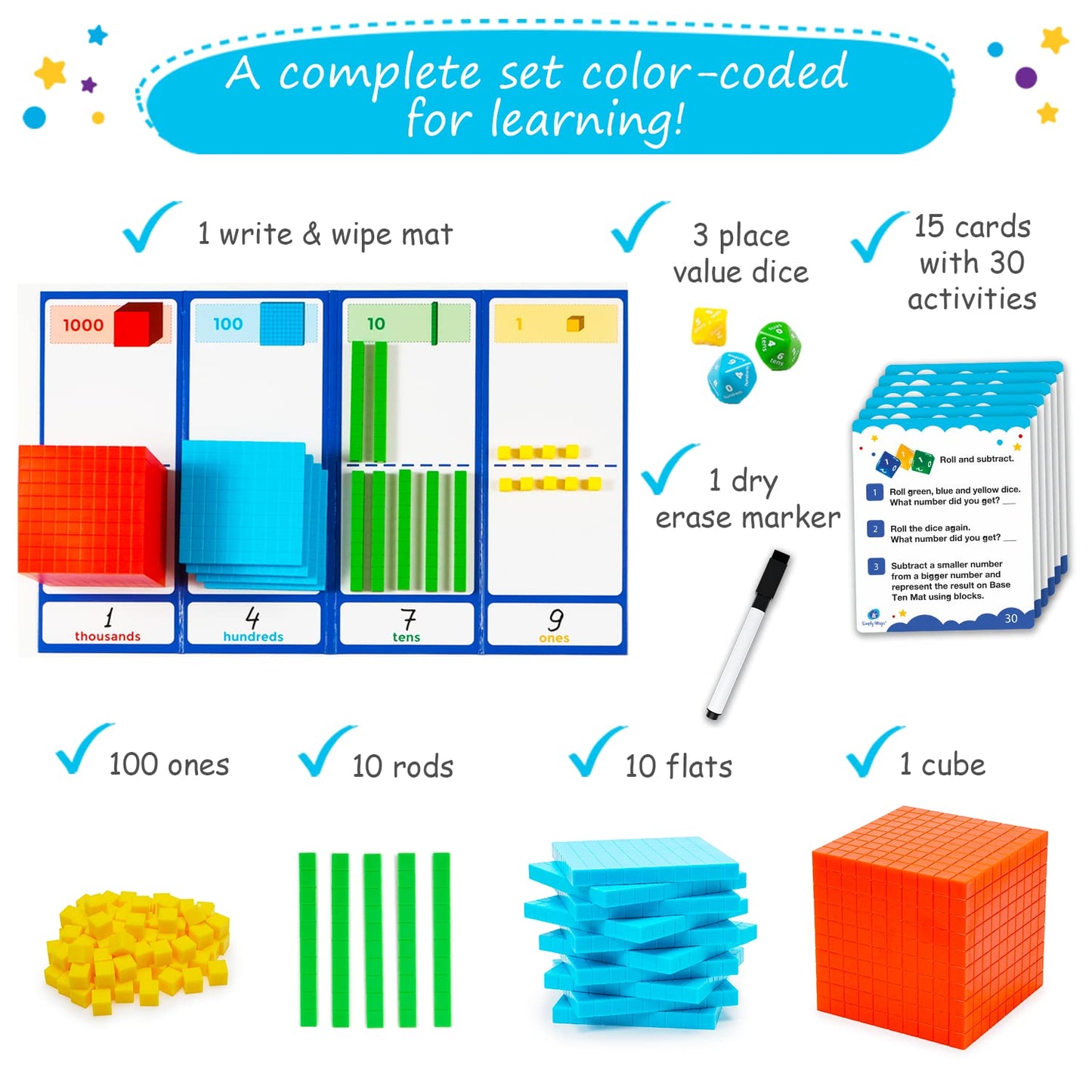 Simply magic 140+1 PCS Colorful Base Ten Blocks & Activities Set - Base Ten Blocks Classroom Set, Base 10 Math Manipulatives, Pl