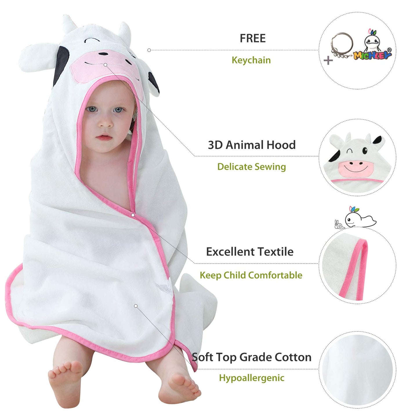 Michley Unisex Baby Animal Hooded Bath Towel Soft Cotton Beach Swimming Bathrobe For 0-6T, Cow