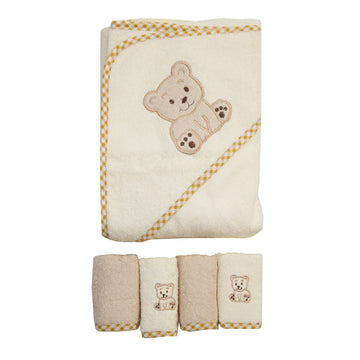 Spasilk Bath Hooded Towels & Washcloths Set For Babies, Hooded Terry Bath Towel & 4 Washcloths, Beige