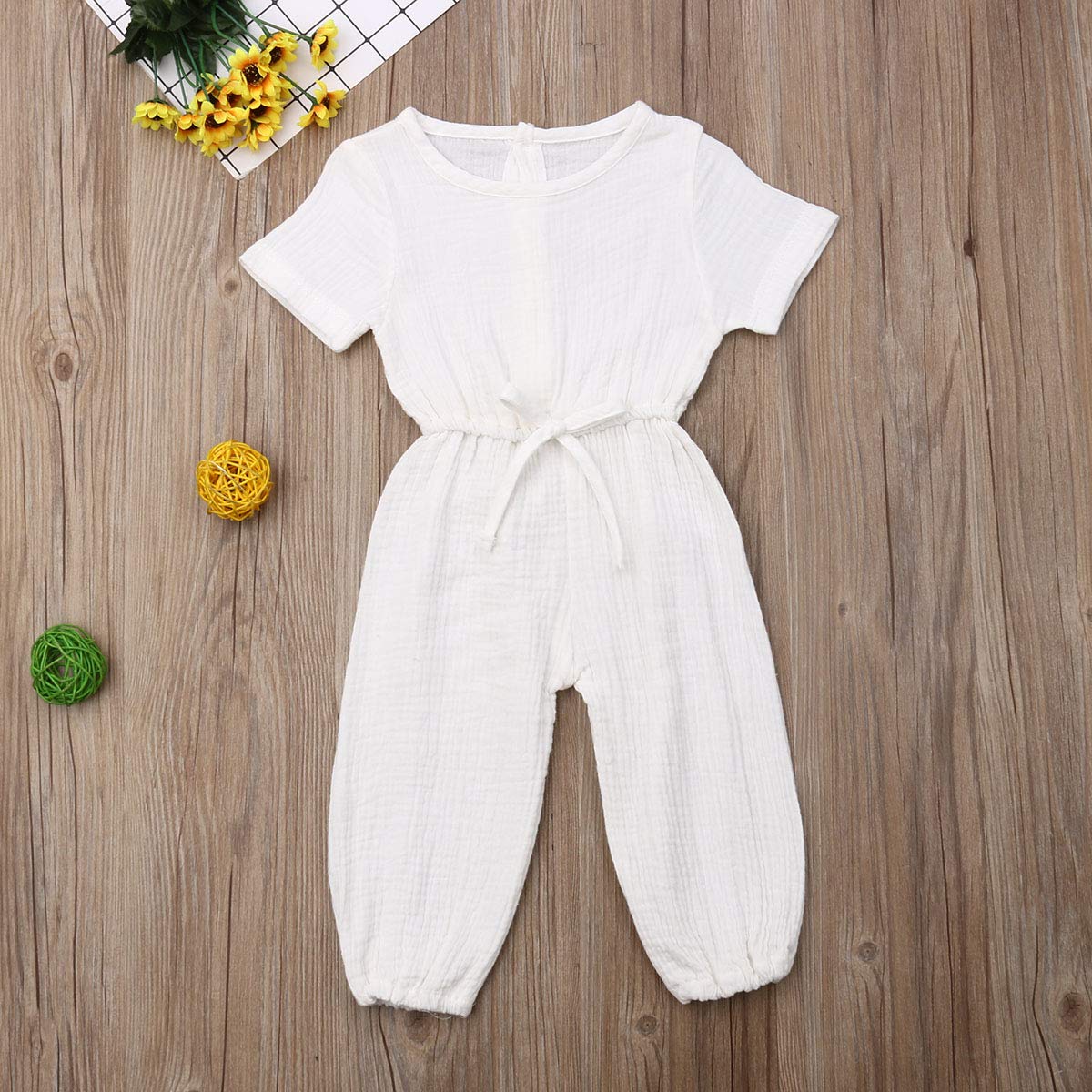 Mubineo Toddler Baby Girl Summer Fall Basic Plain Short Sleeve Cotton Linen Drawstring Romper Jumpsuit (White, 2-3T)