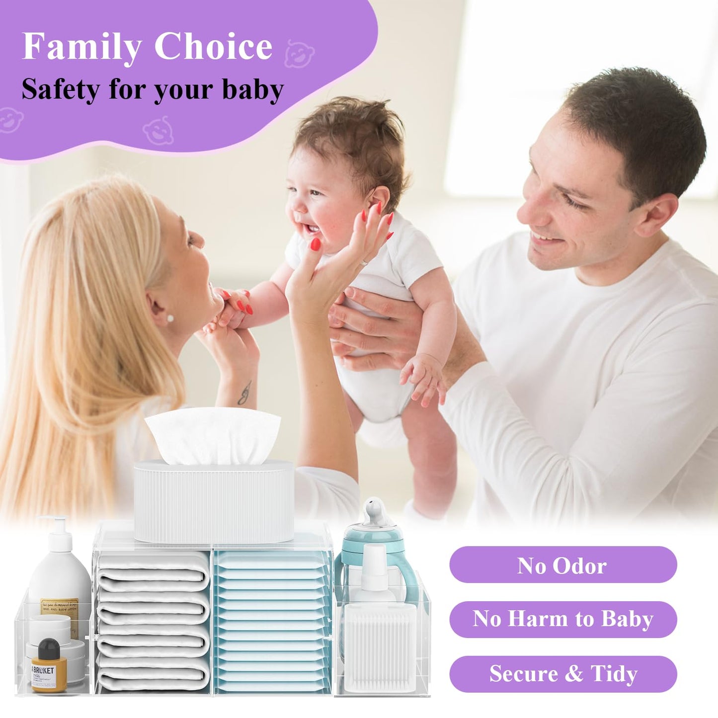 Acrylic Diaper Caddy, Clear & Detachable Diaper Stacker Holder Storage, Baby Changing Table Organizer For Baby Diapers, Wipes &