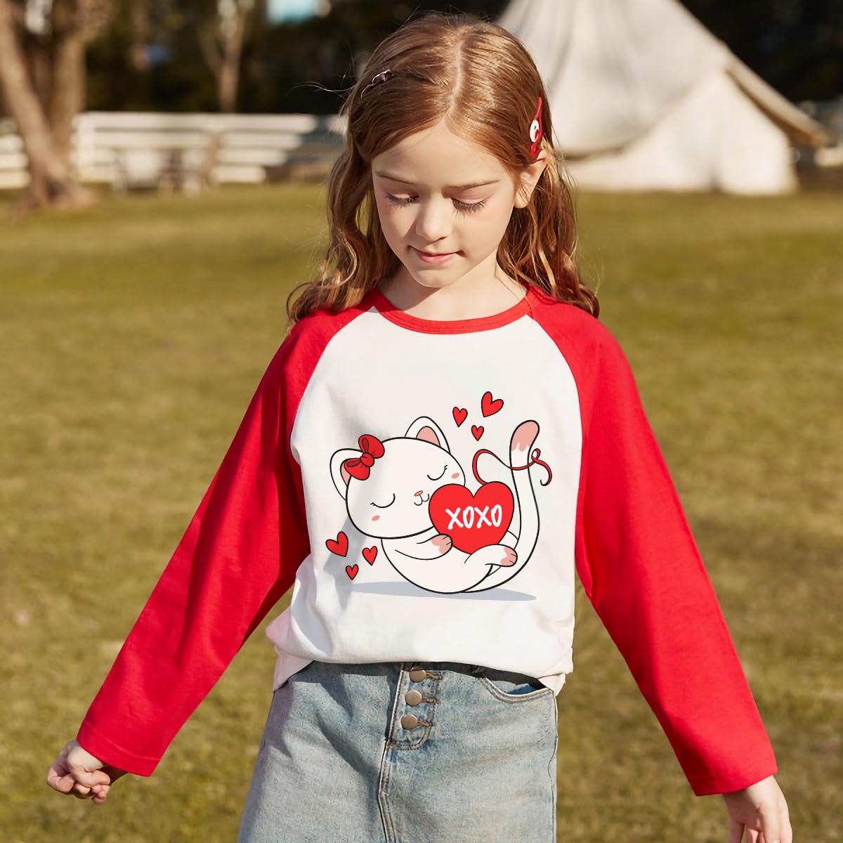Girls Valentine'S Day T Shirt Long Sleeves Tee Love Heart Cat Raglan Top Cotton Kids Gift 7 Years