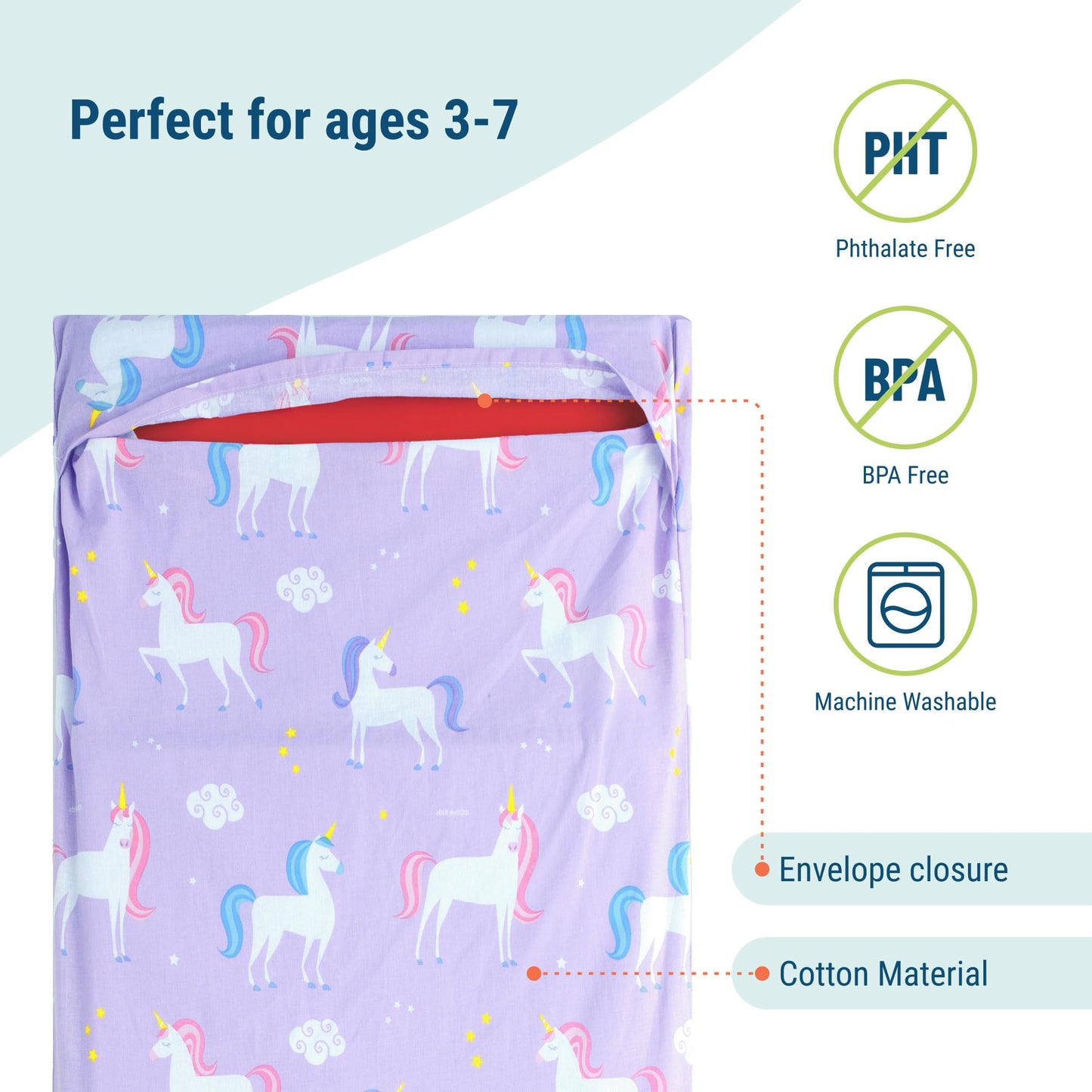 Wildkin Kids Nap Mat Cover - Soft, Sewn-In Flap, Durable & Fits 1.5'' Vinyl Sleep Mats - Unicorn