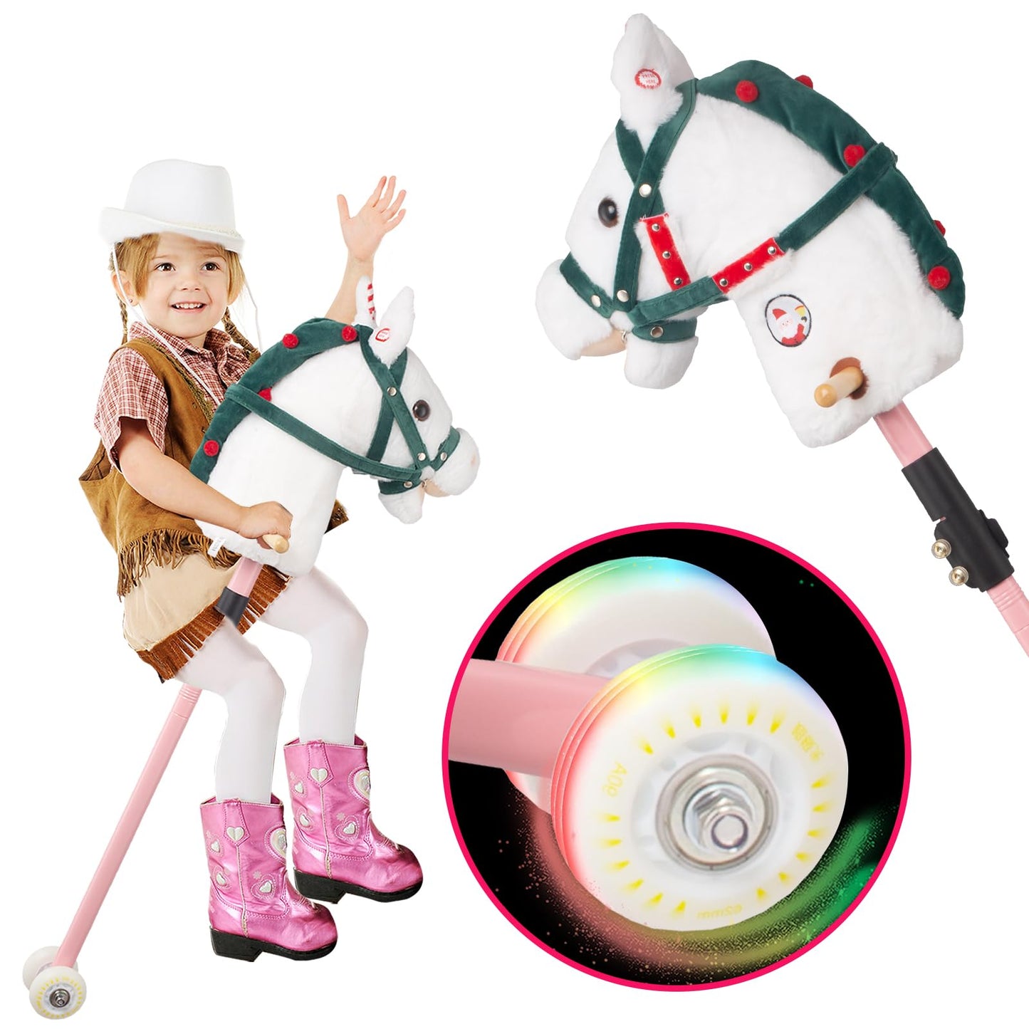UEGHNS Stick Horse, Hobby Horse on a Stick for Children Ages 4-12 Adjustable 30-51 Length with Illuminated Silent Wheels Comfort