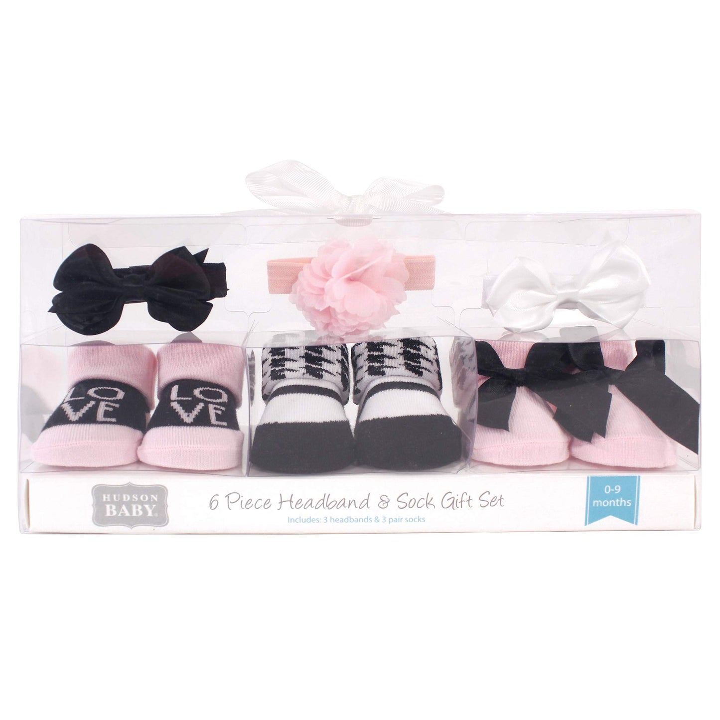 Hudson Baby Unisex Baby Headband And Socks Gift Set, Pink Black Love, One Size