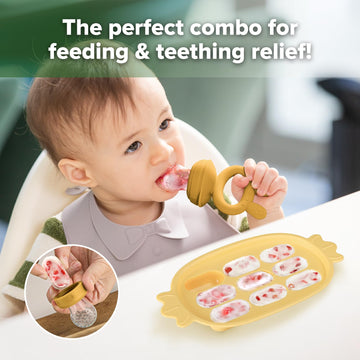 Haakaa Baby Fruit Food Feeder & Silicone Nibble Tray Combo - Breastmilk Popsicle Mold For Baby Cooling Relief, Bpa Free Baby Mes