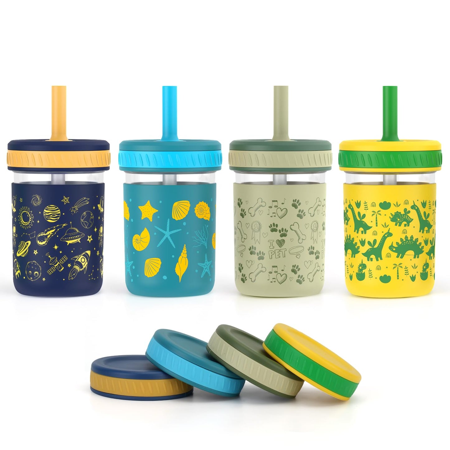 Sursip Toddler Glass Cups with Straw, Spill-Proof Kids Mason Jar Food Storage with Lids, Sippy Cups for Drinks, Smoothies, Snack