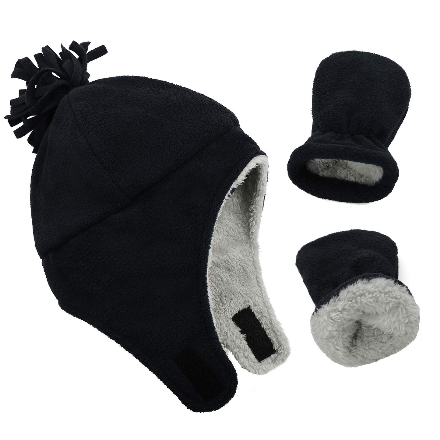 Century Star Baby Fleece Hat Warm Earflap Toddler Boys Winter Hat And Mitten Set 01 Black 3-12 Months