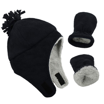 Century Star Baby Fleece Hat Warm Earflap Toddler Boys Winter Hat And Mitten Set 01 Black 3-12 Months