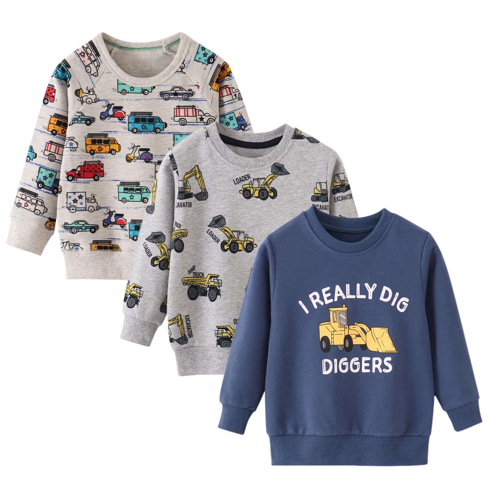 BeiVSlley 3 Pack Toddler Boys Cotton Crew-neck Sweatshirt Kids Long-Sleeve Cartoon Pullover Shirt Sweater Tops,Truck,2-3T