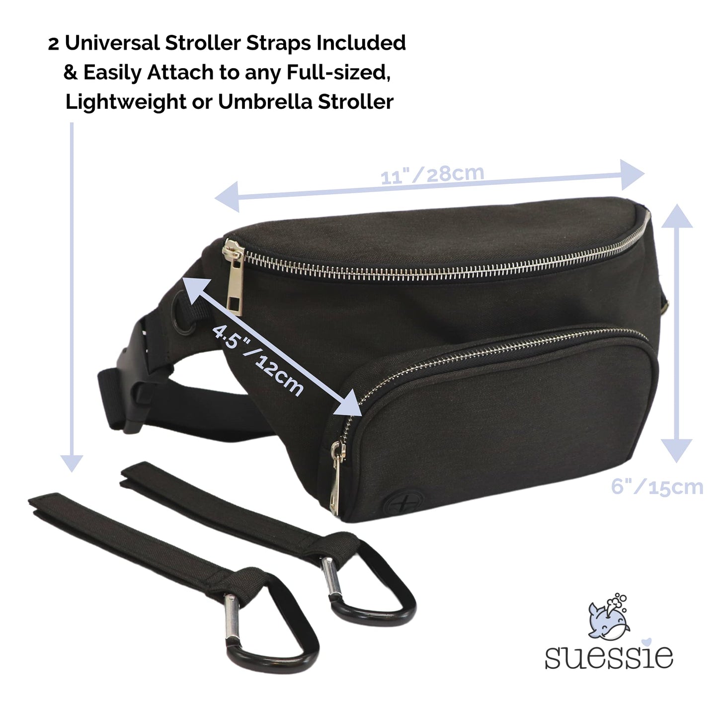 Suessie Fanny Pack Diaper Bag - With Baby Changing Pad & Waterproof Wipes Pocket - Stroller Organizer Black