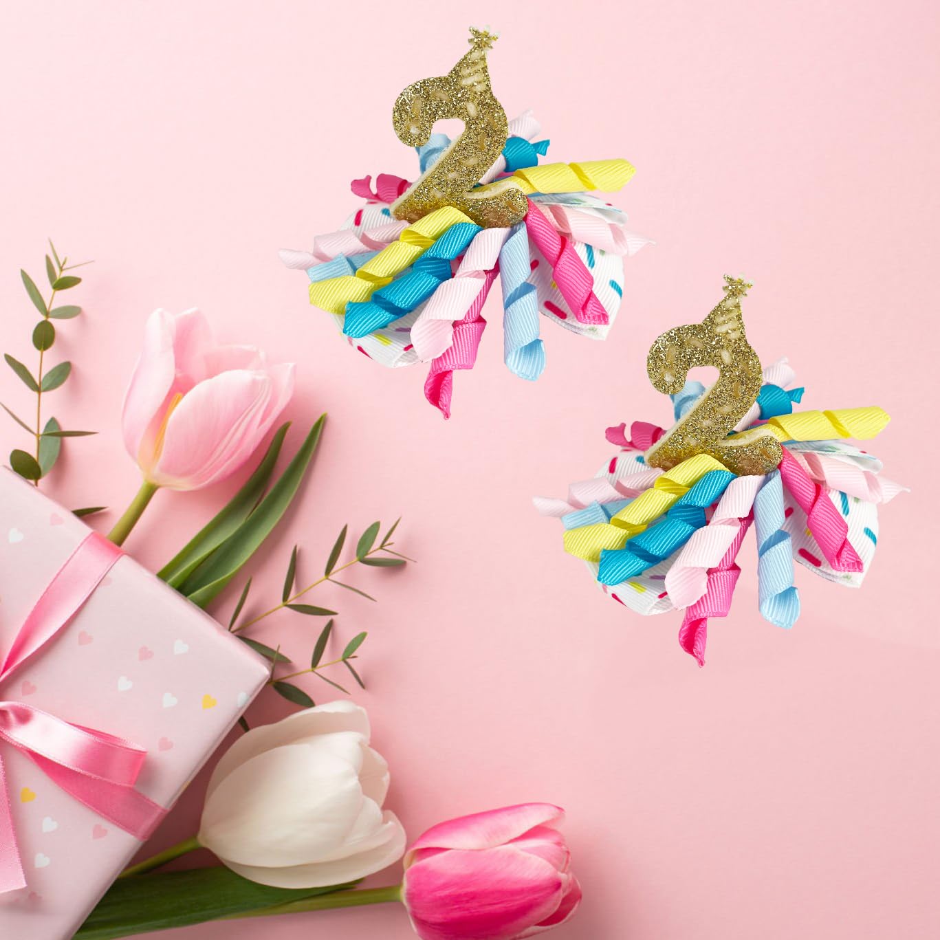 Birthday Hair Clips For Baby Girls - 2Pc Curly Ribbon With Gold Number Bow Hair Clips For 2Nd Birthday Baby Bow Party Decoration