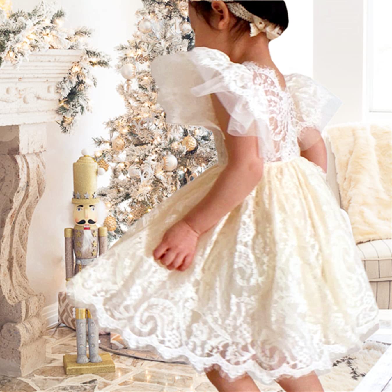 2Bunnies Girl Paisley Lace Back A-Line Tutu Tulle Party Flower Girl Dress (All Lace Flutter Sleeve Knee-Ivory, 3T)