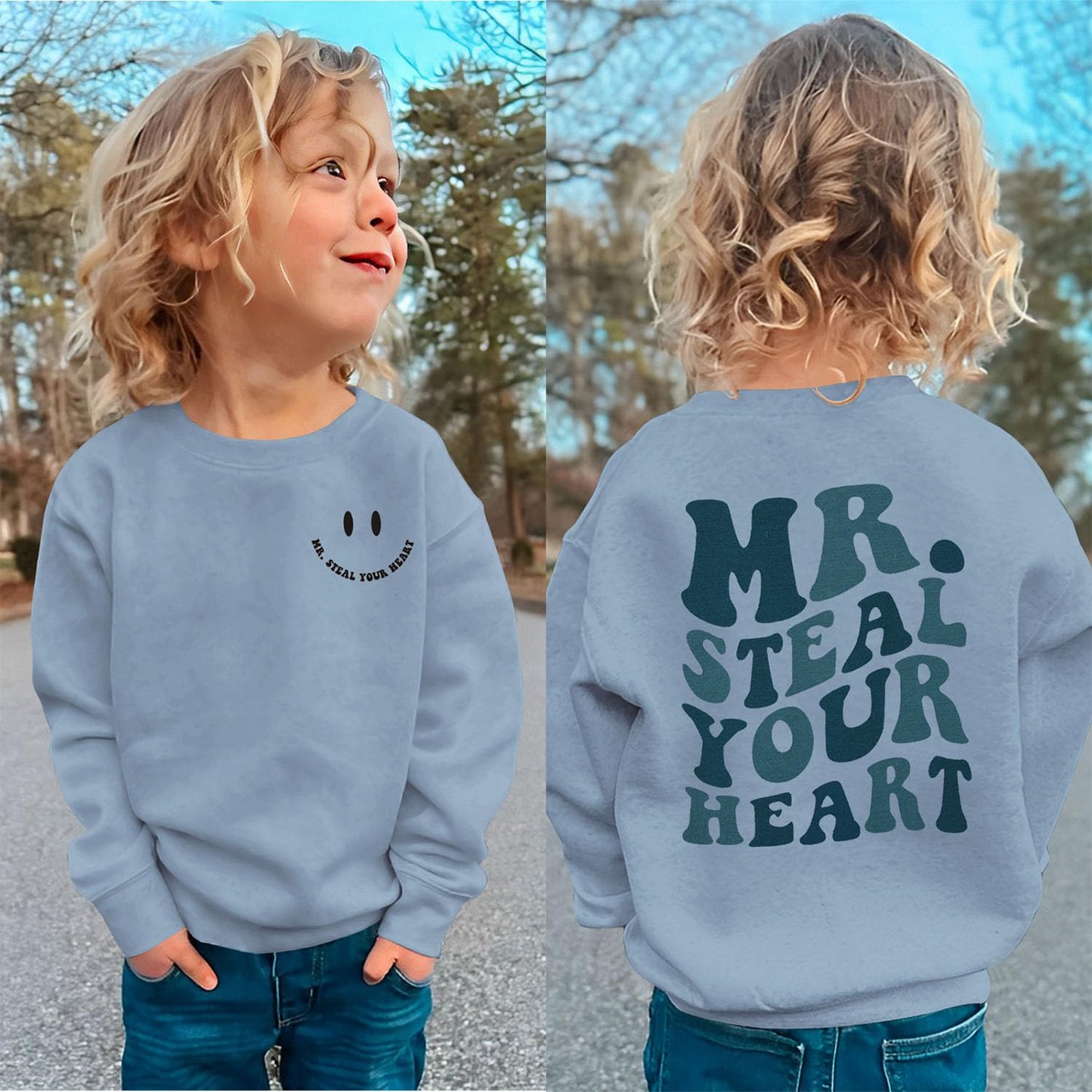 Ritatte Toddler Boy Valentine'S Day Sweatshirt Mr. Steal Your Heart Shirt Kids Valentines Crewneck Long Sleeve Pullover Tops(Blu