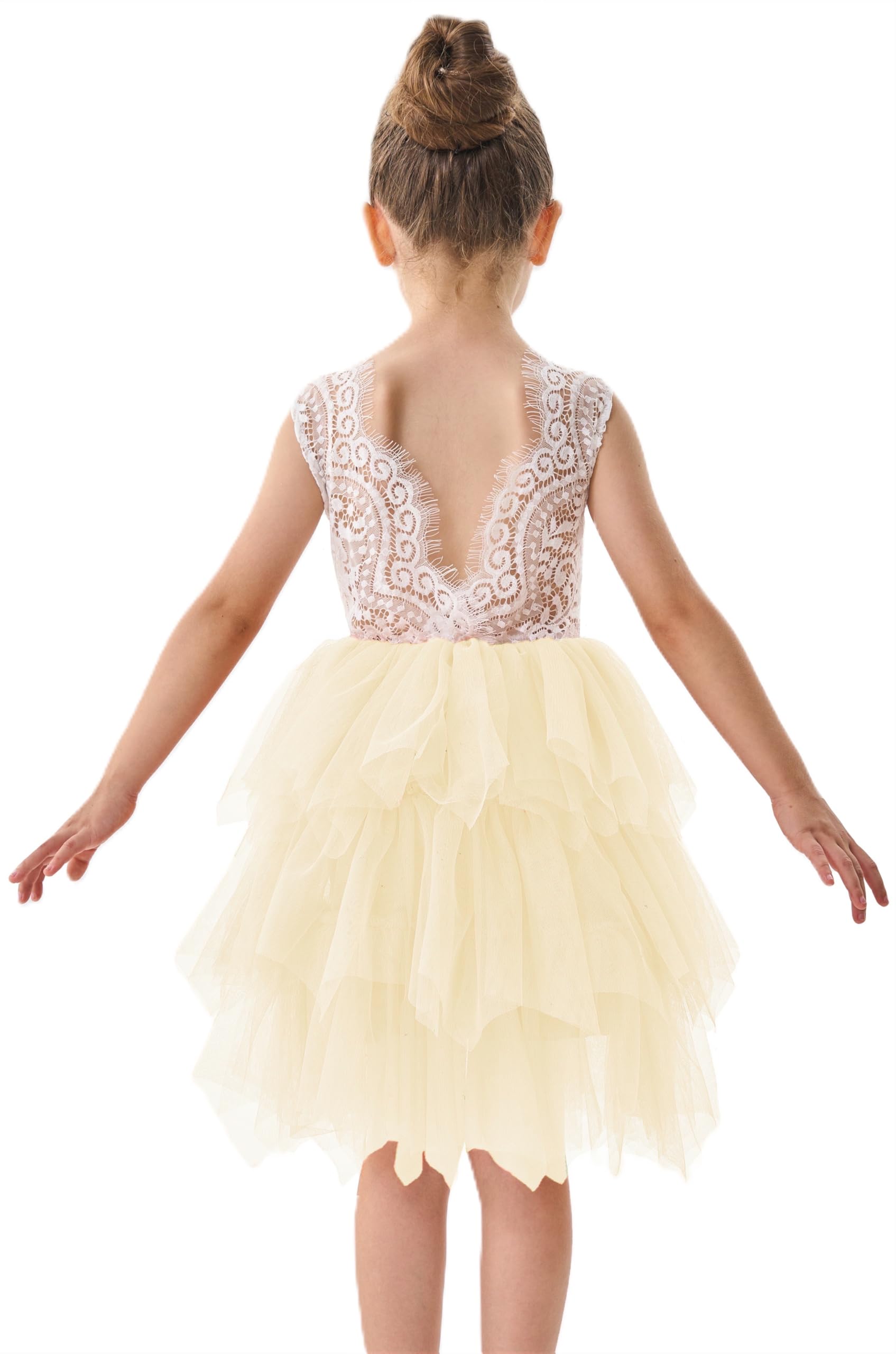 2Bunnies Girl Beaded Peony Lace Back A-Line Tiered Tutu Tulle Flower Girl Dress (Ivory Short Sleeveless, 12M)
