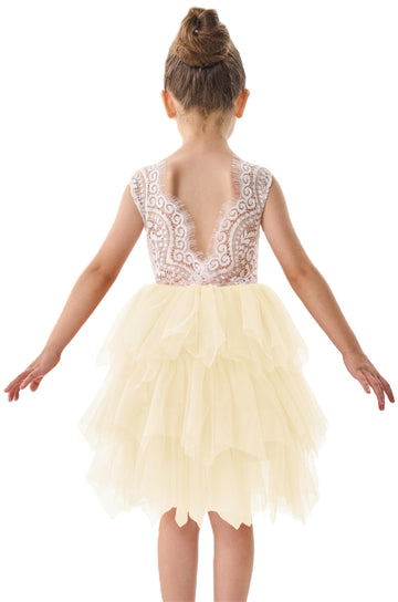 2Bunnies Girl Beaded Peony Lace Back A-Line Tiered Tutu Tulle Flower Girl Dress (Ivory Short Sleeveless, 12M)