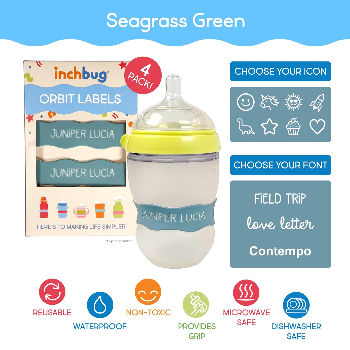 Inchbug Orbit Labels - Baby Bottle Name Labels For Daycare, Sippy Cup Bands - Engraved Silicone, Reusable, Dishwasher Safe, Whit