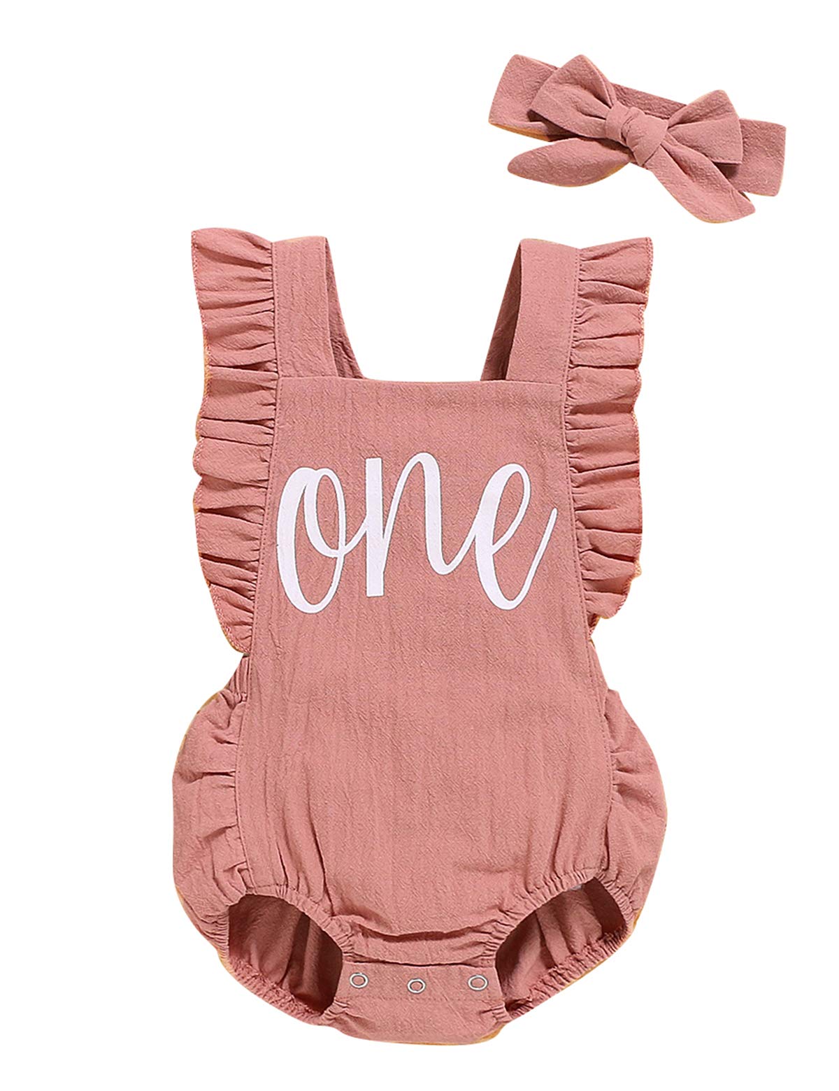 Shalofer Baby Girls One Year Old Outfits First Birthday Romper Cute Backless Ruffles Jumpsuit With Headband (Pink,18-24 Months)