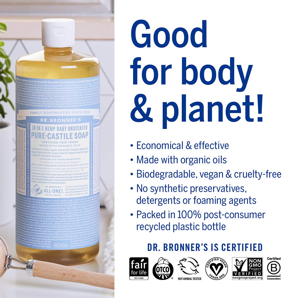 Dr. Bronners Pure-Castile Liquid Soap - Baby Unscented Bundle. 32 oz. Bottle and 2 oz. Travel Bottle