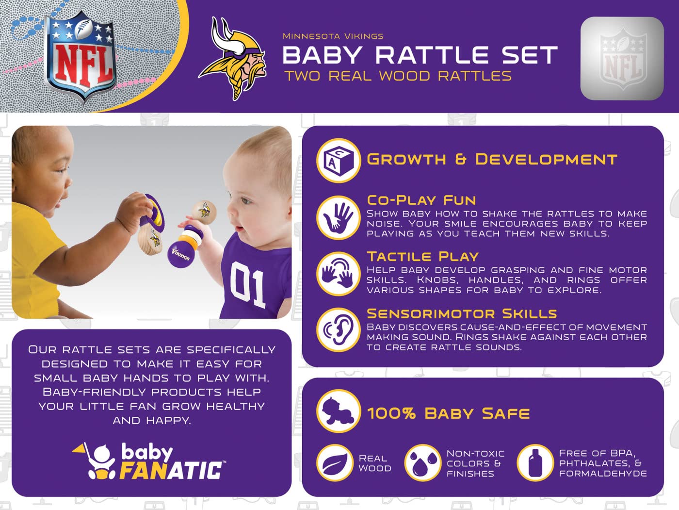 Baby Fanatic NFL Minnesota Vikings Wood Rattle 2 Pack - Officially Licensed Baby Toy Set for Boys & Girls - BPA Free - Ages 3 Mo
