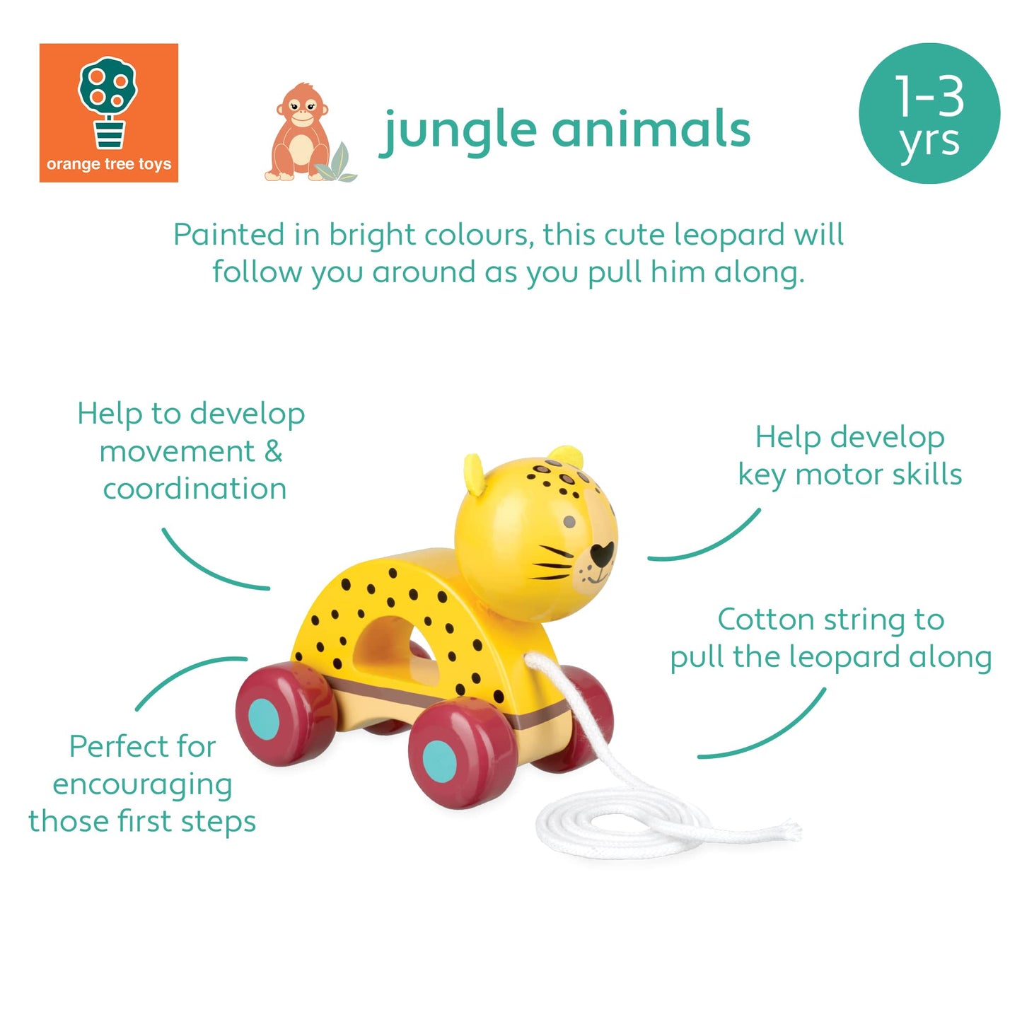 Orange Tree Toys: Pull Along: Leopard - Wooden Toy, Colorful Wheeled Character, Push-Pull, Encourage First Steps, FSC Certified,