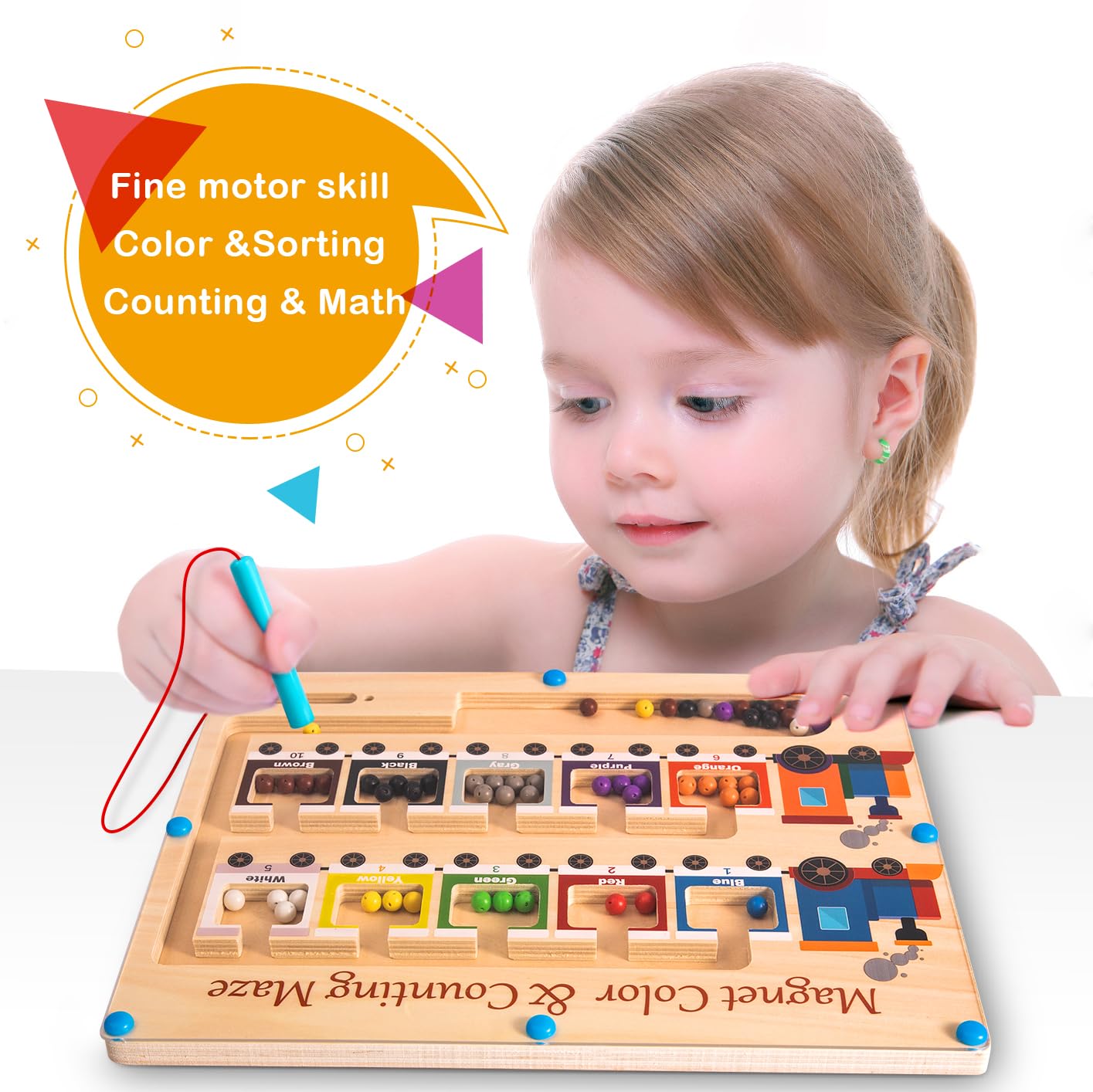 Magnetic Color and Number Maze Board Wooden Montessori Fine Motor Skills Toys for 2 3 Year Old Preschool Learning Activities Cla