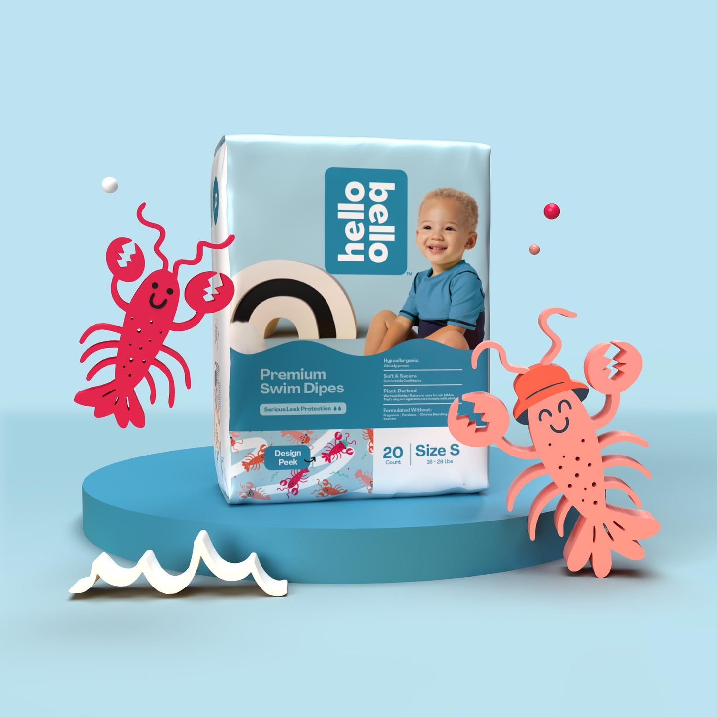 Hello Bello Premium Swim Diapers, Size S (16-28 Lbs), Cute Extra-Bright Lobster Designs, 20 Count Jumbo Pack