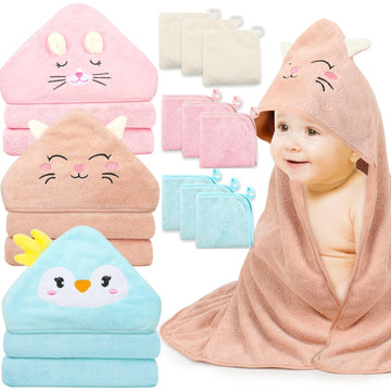 12 Pcs Hooded Baby Towels, Soft Baby Towels, Absorbent Baby Bath Towels, 3 Pcs Baby Towels, And 9 Pcs Baby Washcloths For Newbor