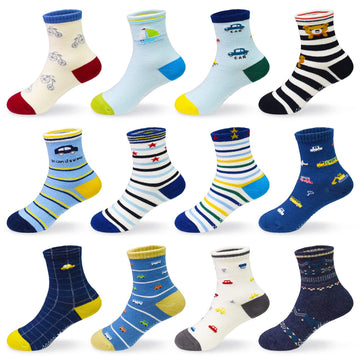 12 Pairs Kids Non Slip Skid Socks Colorful Grips Sticky Slippery Cotton Crew Socks For 5-7 Years Old Children Youth Boy Girl