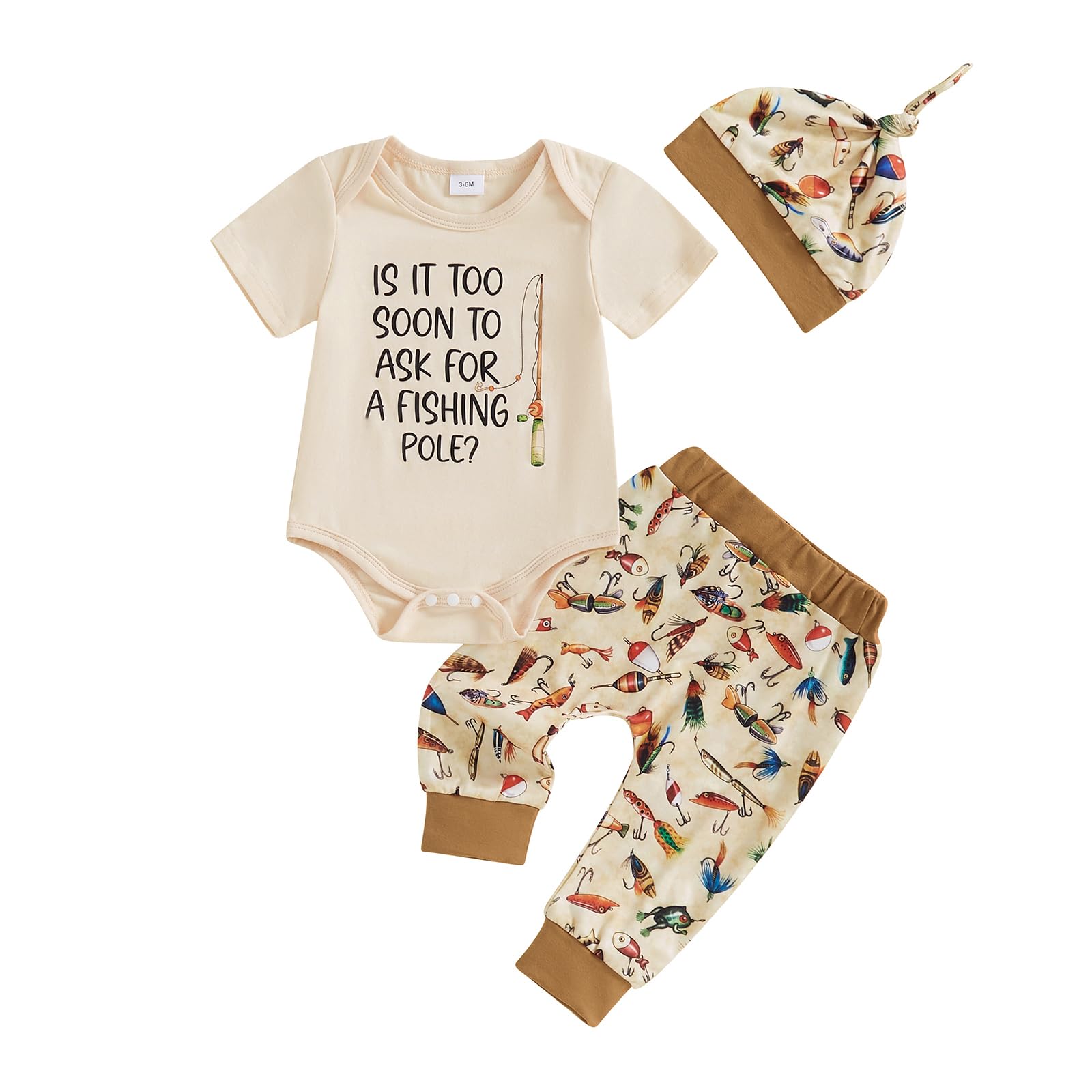 GOOCHEER Newborn Baby Boy Clothes Fishing Short Sleeve Romper Shirt Tops Pants Summer Spring Outfits Hat Set (Beige, 0-3 Months)