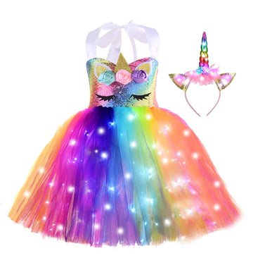 Zerostage Sequin Lighted Unicorn Princess Dresses For Girls With Headband Birthday Christmas Decorations Halloween Costumes Part