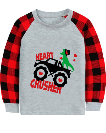 Valentine'S Day Shirt For Toddler Boy Heart Monster Truck Dinosaur Heart Crusher Clothes Dino Buffalo Red Plaid Raglan Sleeve Ki