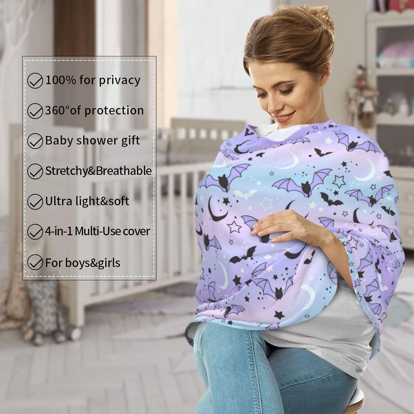 Halloween Bat Car Seat Covers Baby Multi-Use Moon Star Car Seat Canopy Carrier Cover, Breathable Breastfeeding Cover Boys & Girl