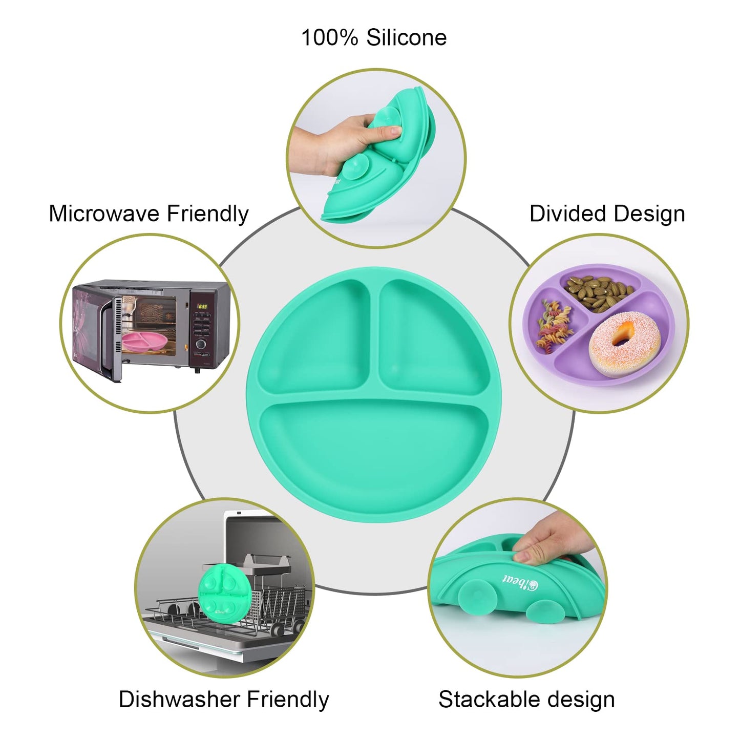 Cibeat 3Pcs Toddler Plates With Suction, 100% Safe Bpa Free Soft Toddler Plates Silicone Divided Plates, Portable Dinner Plates