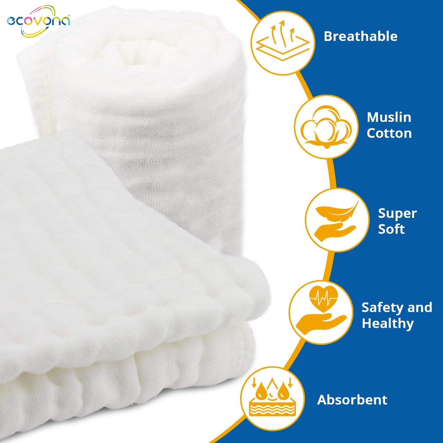 Muslin Burp Cloth For Baby Boys And Girls (8 Pack) | Cotton Newborn Essential Must Have Item | White Unisex Design | Super Soft