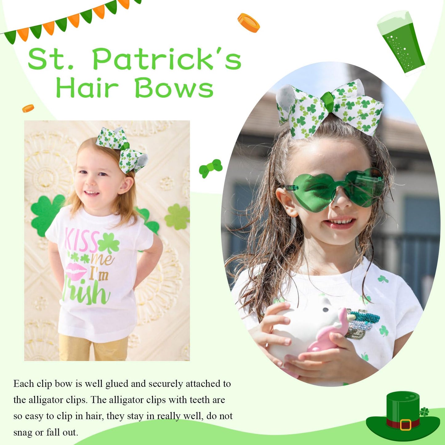 Oaoleer 2Pcs St. Patrick Hair Bows For Girls, Green Bows Hair Alligator Clips Hair Barrettes For Baby Girls Infants Toddlers Kid