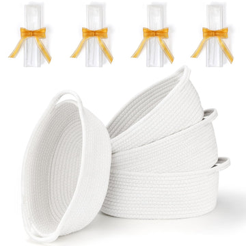 4 Pack Small Woven Basket With Handles, All 12'X 8'X 5', Cotton Rope Room Shelf Storage Basket, Cat Toys, Cute Baby Gift Bask
