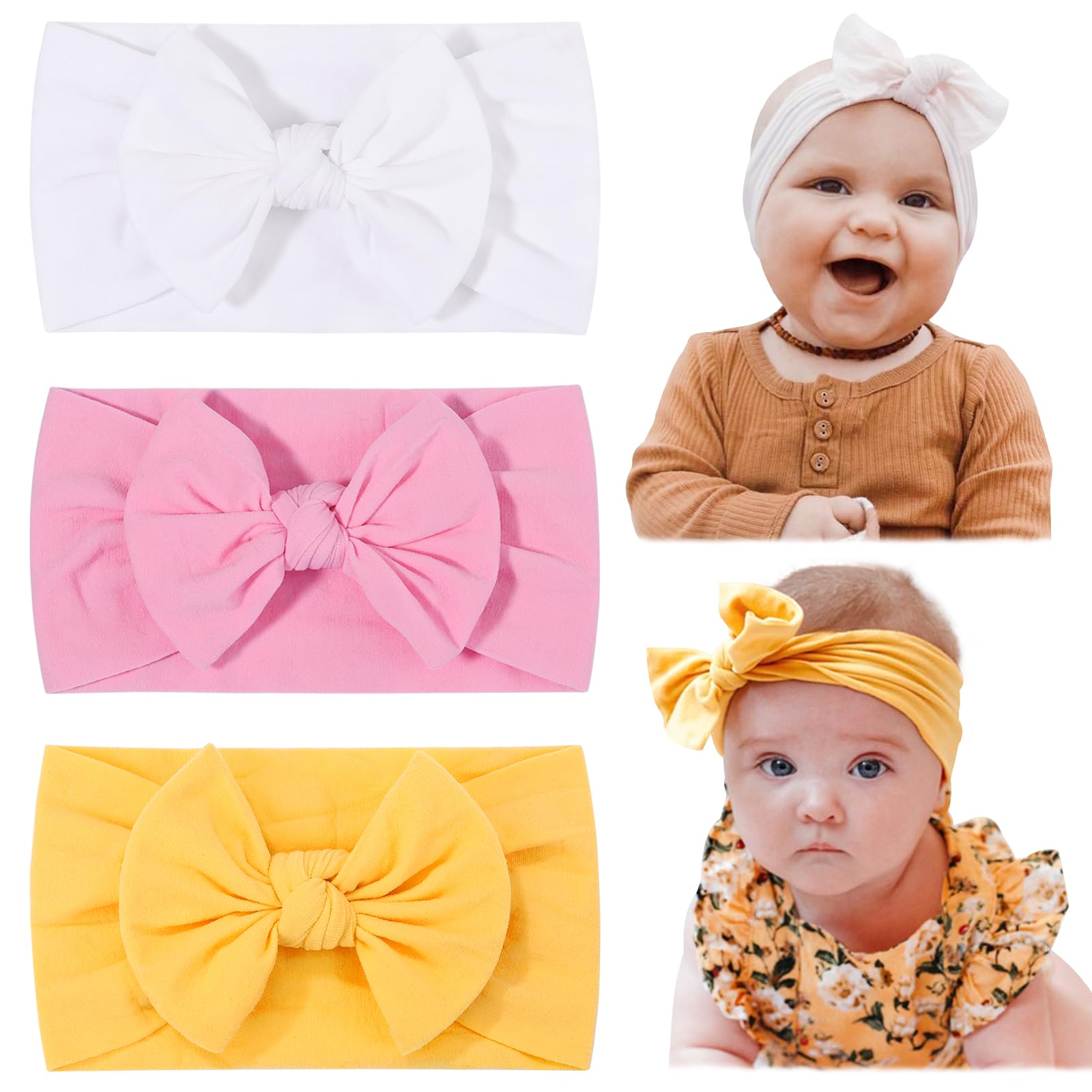 Jollybows 3Pcs Baby Nylon Headbands Hairbands Hair Bow Elastics For Baby Girls Newborn Infant Toddlers Kids (7-White+Light Pink+