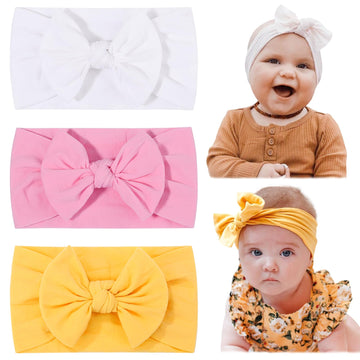 Jollybows 3Pcs Baby Nylon Headbands Hairbands Hair Bow Elastics For Baby Girls Newborn Infant Toddlers Kids (7-White+Light Pink+