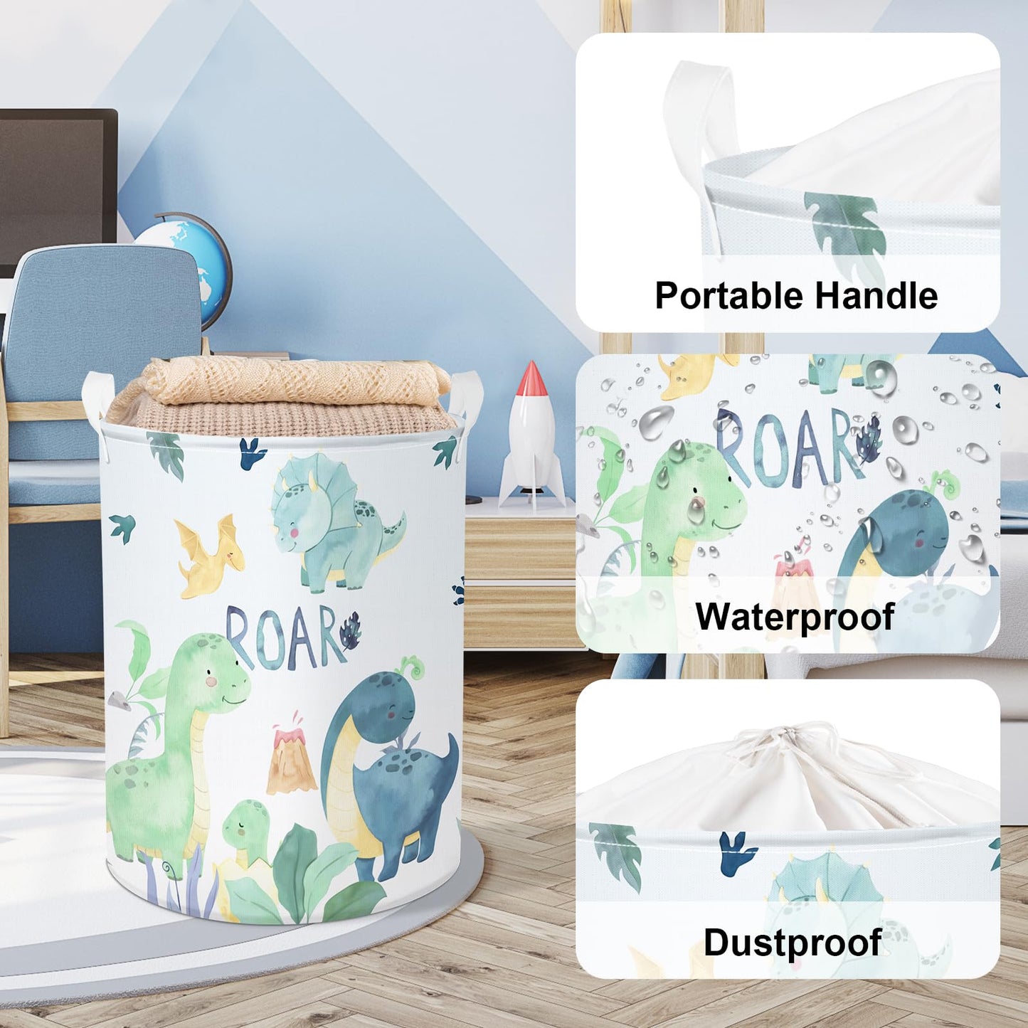Clastyle 45L Cartoon Green Dinosaur Laundry Basket With Handle Round Bedroom Bathroon Toys Clothes Storage Basket For Nursery