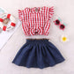 Boizonty Toddler Baby Girl Red Plaid Outfits Ruffled Sleeve Crop Top Shirts With Bowknot+Denim Skirt Dress Summer Clothes Set (P