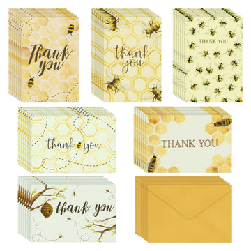 48 Pack Bumble Bee Thank You Cards With Envelopes For Baby Shower, Birthday, 6 Designs, Bulk Set (4 X 6 In)