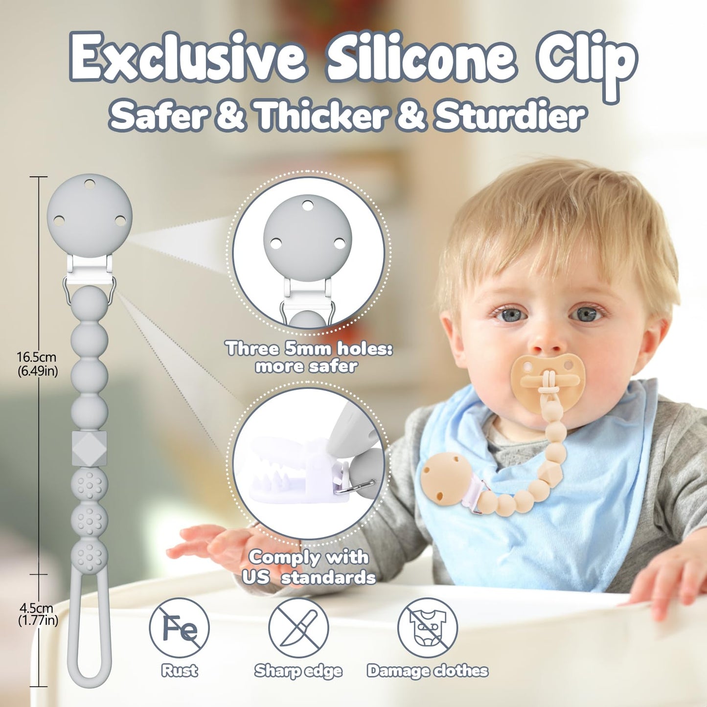 Tyry.Hu 3 Pack Silicone Pacifier Holder Clip With One Piece Beads For Boys And Girls, Soft Flexible Pacifier Clip, Rust-Free Bin