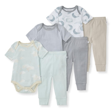 Burt Bees  6Pk Baby Girl Organic Cotton Bodysuit & Pant Set, Ranunculus, Blue 6Piece Set, 18 Months