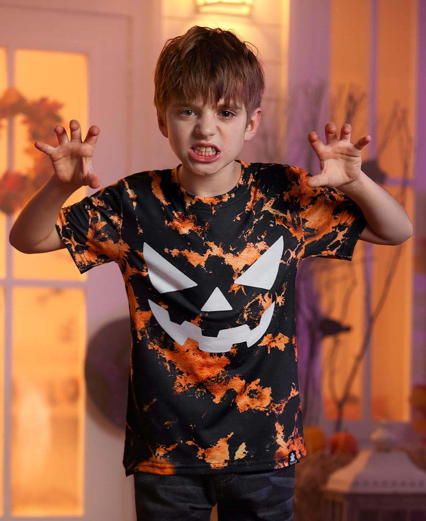 Halloween Girls Orange Tie Dye Pumpkin Face Jack O' Lantern Tee Round Neck Funny Tshirt 12 Years