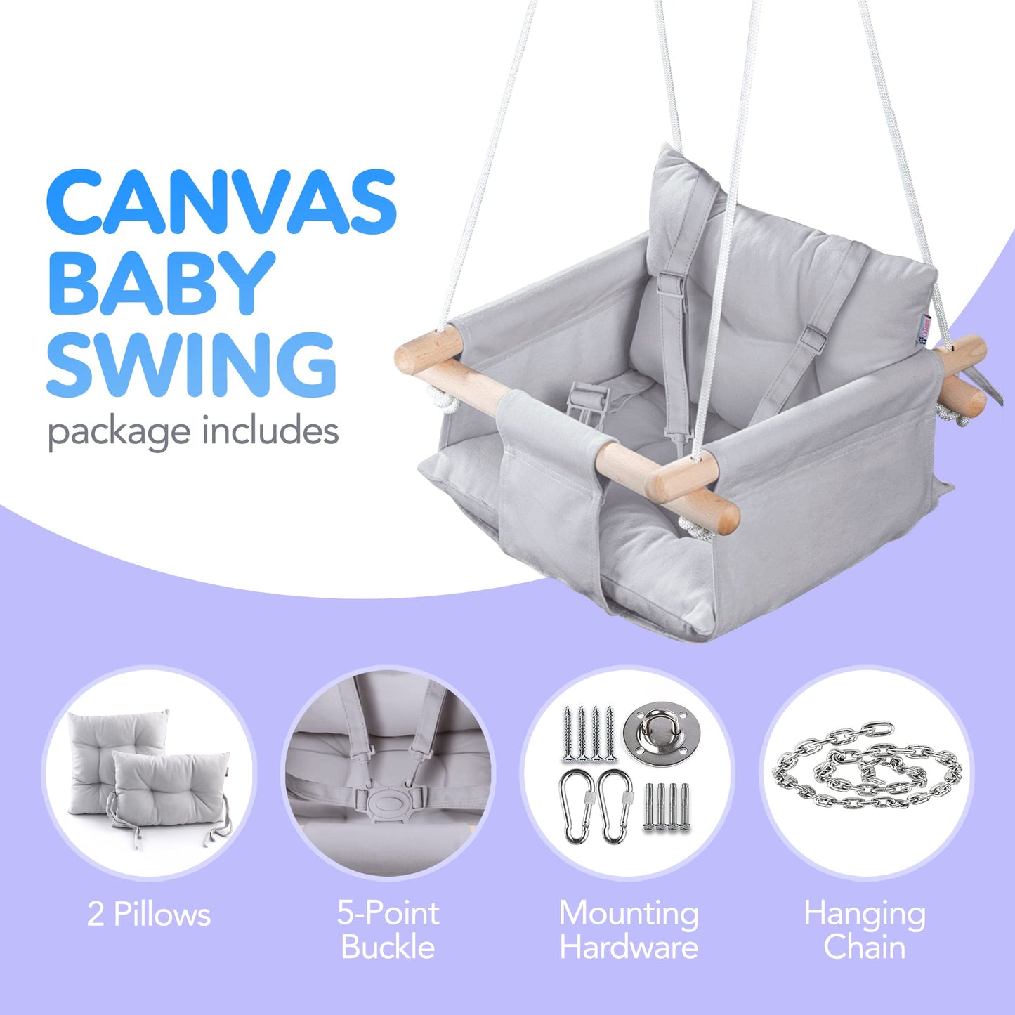 Canvas Baby Swing By Cateam - Gray - Wooden Hanging Swing Seat Chair For Baby With 5-Point Safety Belt And Mounting Hardware. Ba