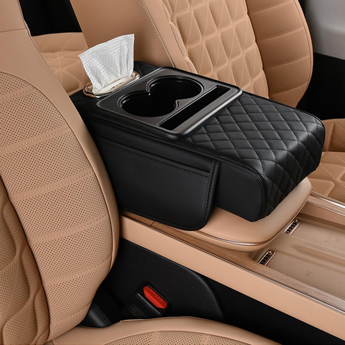 Car Armrest Cushion Organizer, 5in1 Center Console Cover with Dual Storage Pockets, 2 Cup Holders, Tissue Box Slot, Phone Hold