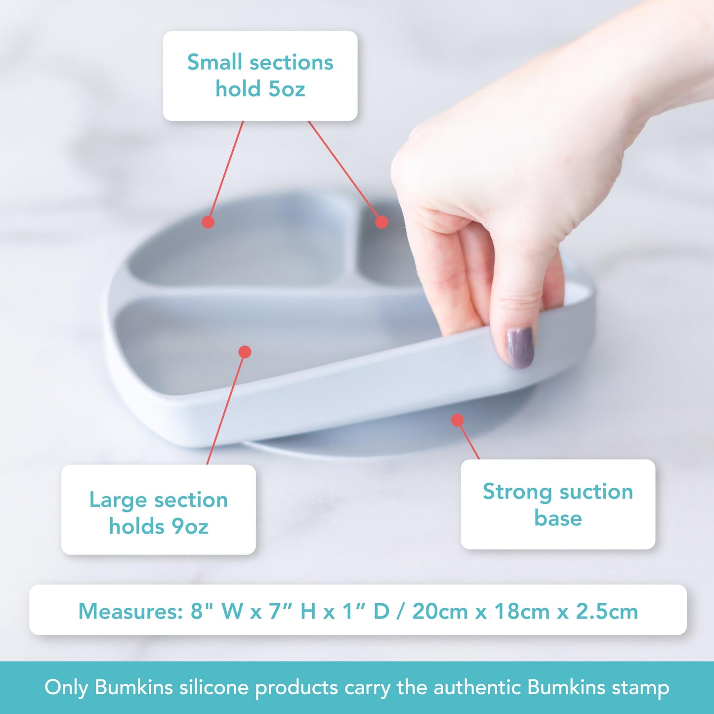 Bumkins Toddler and Baby Suction Plate, Divided Grip Dish for Babies and Kids, Baby Led Weaning, Feeding Supplies, Sticks to Tab