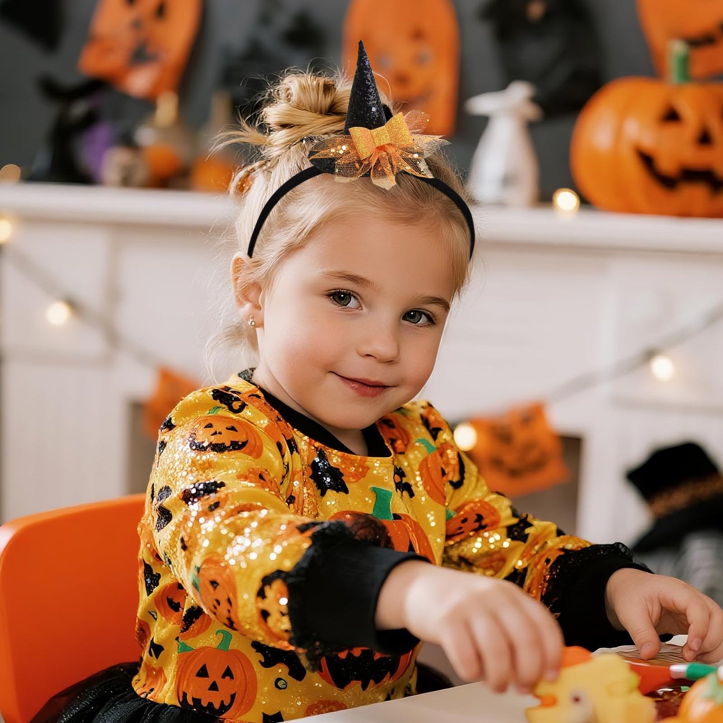 YanJie Halloween Headband for Infants Mini Witches Hat Glitter Nylon Headbands 3 Witch Hats with Orange Baby Bow Stretchy Head